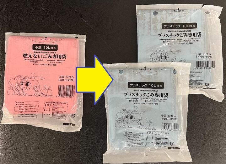 照片：不可燃垃圾袋1→塑料垃圾袋2