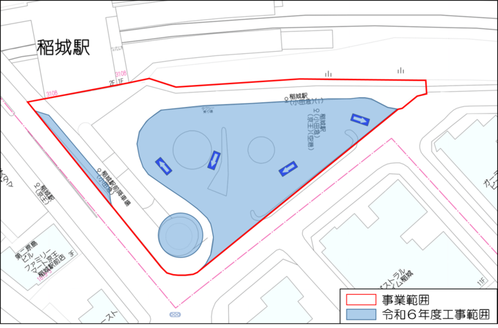 地图：稲城站南口车站前广场改良工程的业务范围图