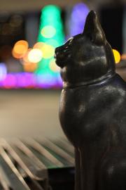 Image 若叶台站的公共艺术（猫）和灯饰