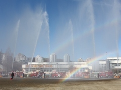 Photo: A scene of simultaneous water discharge at the fire department's New Year ceremony