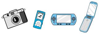 Illustrations of mobile phones, digital cameras, game consoles, portable music players, etc.
