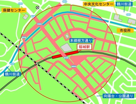 Figura del área de prohibición de estacionamiento como bicicletas alrededor de la estación de Inagi