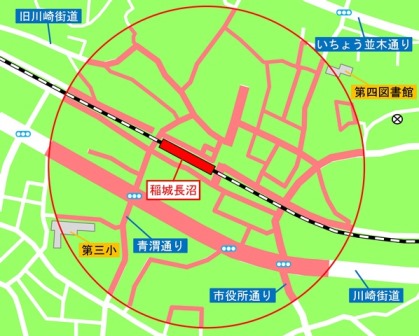 Mapa del área de prohibición de estacionamiento de bicicletas alrededor de la estación de Inagi Naganuma