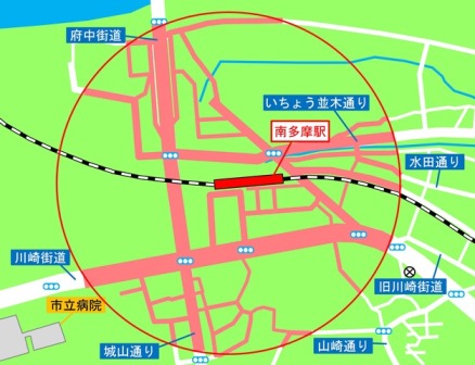 Mapa de áreas donde está prohibido estacionar bicicletas alrededor de la estación de Minamitama