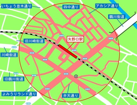 Figura de área de prohibición de estacionamiento de bicicletas alrededor de la estación de Yanoguchi