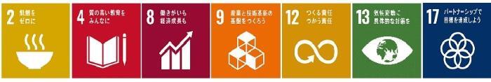 일러스트: SDGs 목표 2, 4, 8, 9, 12, 13, 17